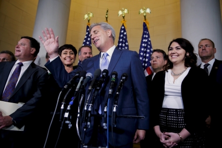 U.S. House Majority Leader Kevin McCarthy (R-CA) laughs off a question as he explains his decision to pull out of a Republican caucus secret ballot vote to determine the nominee to replace retiring House Speaker John Boehner (R-OH), on Capitol Hill in Washington, October 8, 2015.