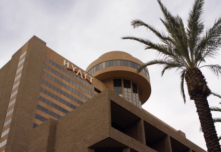 Signage for the Hyatt Hotel is advertised in Phoenix, Arizona, November 4, 2009. Hyatt plans to sell 38 million shares for between and each under the ticker 'H' (H.N) on the New York Stock Exchange. The full proceeds of the 1 million IPO will go to the Pritzker family, which controls the company.