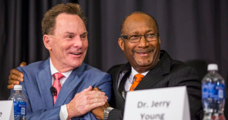 Ronnie Floyd (L), president of the Southern Baptist Convention, and Jerry Young (R), president of the National Baptist Convention, USA, at a summit on racial unity in Jackson, Mississippi, on Wednesday, November, 4, 2015.