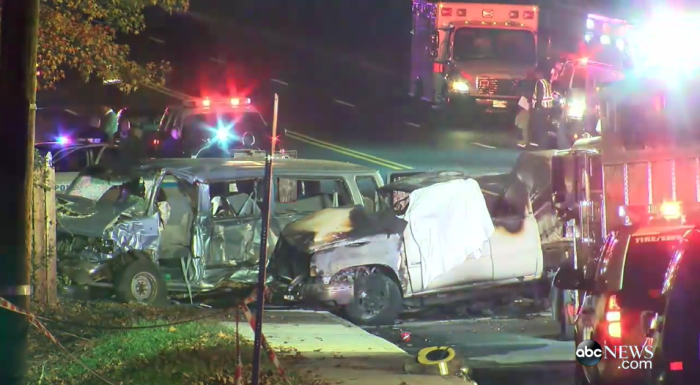 The scene of the horrific crash where four people died and 14 others were injured in Prince George's County, Maryland, on Sunday November 8, 2015.