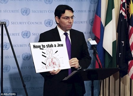 Before the start of a UN Security Council meeting in New York on Oct. 16, 2015, Danny Danon held up a diagram of the human body entitled 'How to stab a Jew.'