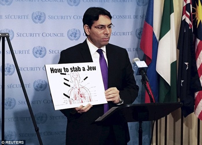 Before the start of a UN Security Council meeting in New York on Oct. 16, 2015, Danny Danon held up a diagram of the human body entitled 'How to stab a Jew.'