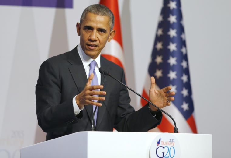 U.S. President Barack Obama addresses a news conference following a working session at the Group of 20 (G20) leaders summit in the Mediterranean resort city of Antalya, Turkey, November 16, 2015.