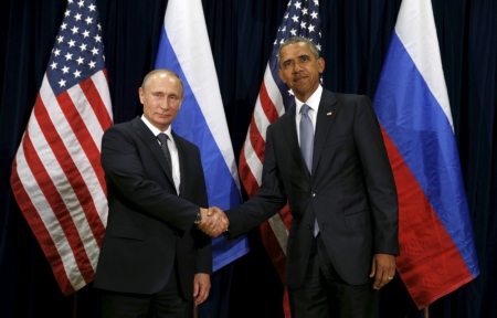 President Barack Obama shakes hands with Russian President Vladimir Putin during their meeting at the United Nations General Assembly in New York, September 28, 2015.