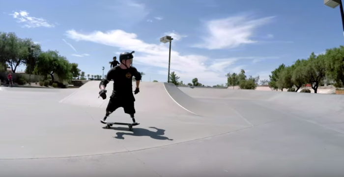 Ian Parkinson, an American veteran who lost both legs in Afghanistan, skateboards.