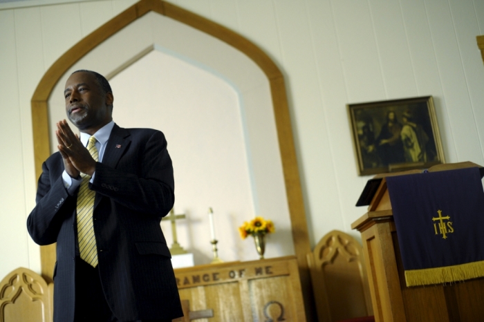 U.S. Republican presidential candidate Ben Carson speaks at South Bethel Church in Tipton, Iowa, November 22, 2015.