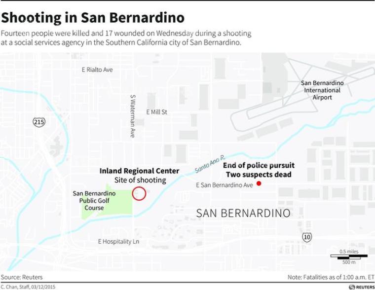 Maps location of mass shooting in San Bernardino, California.