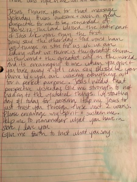 Amanda Blackburn's prayer journal entry after her last Sunday at NewSpring Church in South Carolina in 2012.