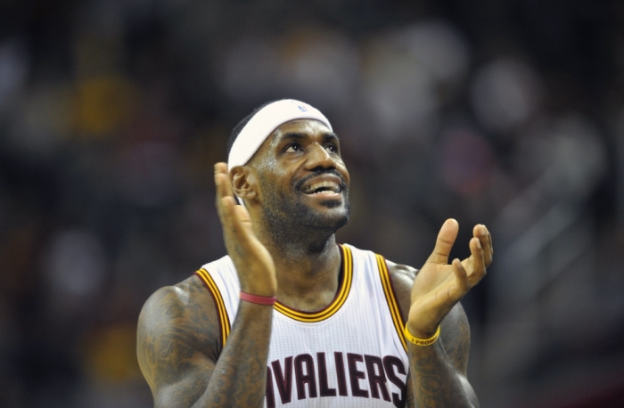 Cleveland Cavaliers forward LeBron James (23) reacts in the third quarter against the Orlando Magic at Quicken Loans Arena, Cleveland, Ohio, November 23, 2015.