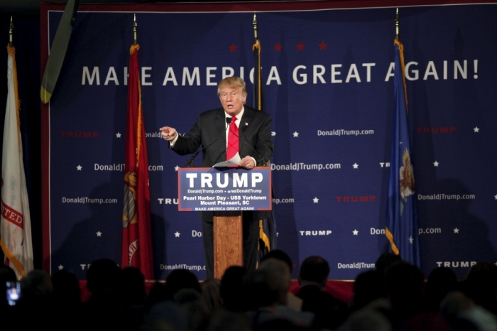 U.S. Republican presidential candidate Donald Trump speaks to supporters at a Pearl Harbor Day rally aboard the USS Yorktown memorial in Mount Pleasant, South Carolina, December 7, 2015.