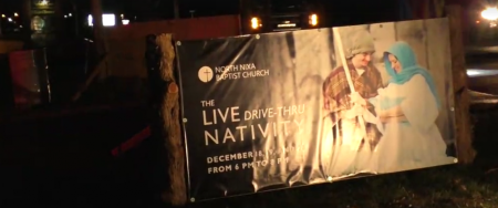 A sign for the drive-thru nativity held at North Nixa Baptist Church in Missouri during the 2015 Christmas season.