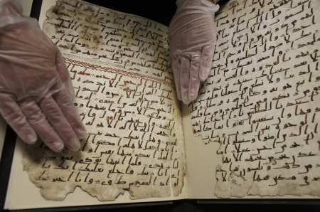 A fragment of a Quran manuscript is seen in the library at the University of Birmingham in Britain July 22, 2015.