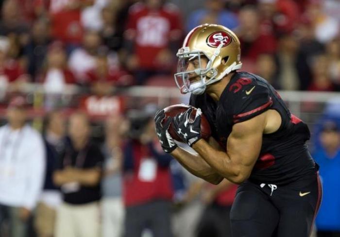 San Francisco 49ers running back Jarryd Hayne (38) catches the ball on a punt return against the Minnesota Vikings during the second quarter at Levi's Stadium, Santa Clara, California, Sept. 14, 2015.