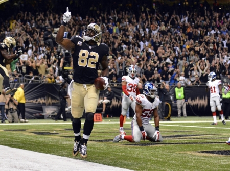 New Orleans Saints tight end Benjamin Watson (82) celebrates after a touchdown in the third quarter of the game against the New York Giants at the Mercedes-Benz Superdome. New Orleans won 52-49, New Orleans, Louisiana, November 1, 2015.