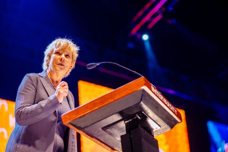 Evelyne Reisacher, associate professor of Islamic Studies at Fuller Theological Seminary, talks about ministry to Muslims before crowds at Urbana 15, held in St. Louis, Missouri from December 27-31, 2015.