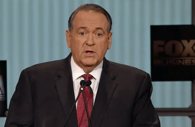 Former Arkansas Governor Mike Huckabee speaking at a Republican primary debate sponsored by Fox Business in North Charleston, South Carolina on Thursday, January 14, 2016.