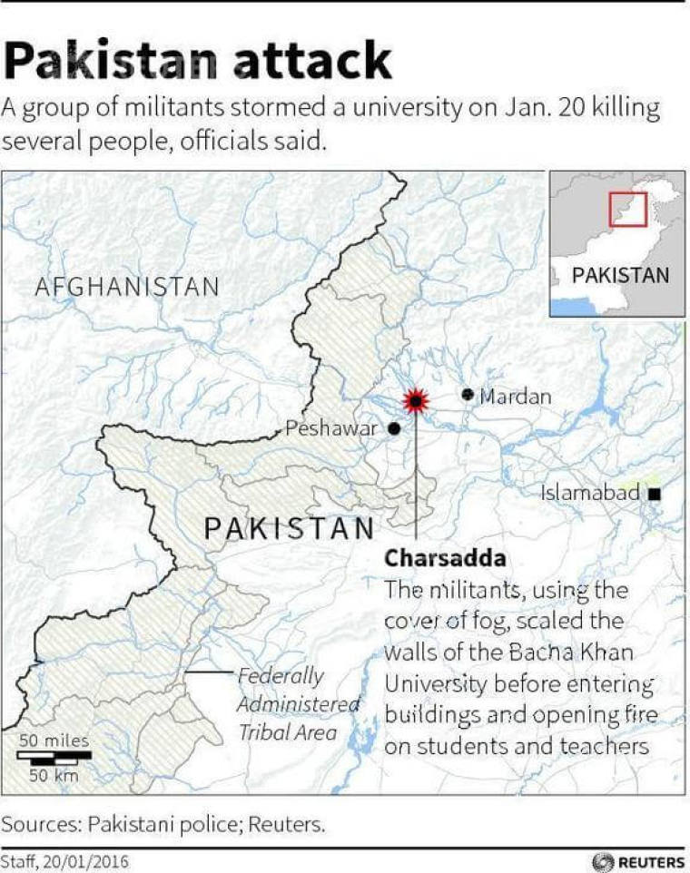 Map of Pakistan locating the Bacha Khan university, stormed by militants on Jan. 20, 2016.