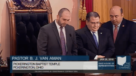 Pastor B.J. Van Aman of the Pickerington Baptist Temple prays in the Ohio House on Tuesday January 26, 2016.