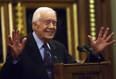 Former U.S. President Jimmy Carter delivers a lecture on the eradication of the Guinea worm, at the House of Lords in London, Britain February 3, 2016.