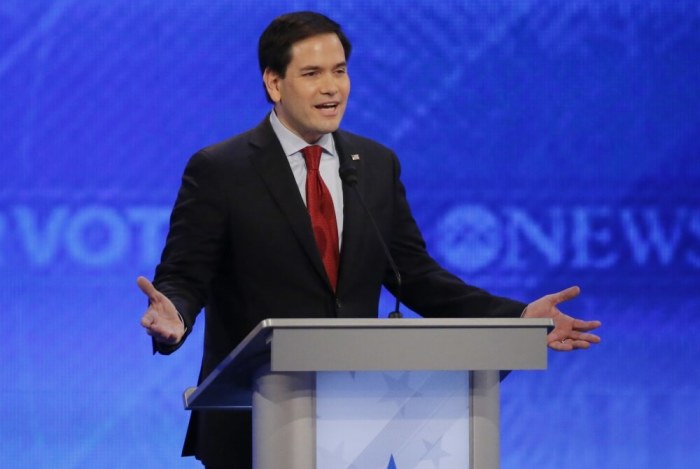 Republican U.S. presidential candidate Senator Marco Rubio speaks during the Republican U.S. presidential candidates debate sponsored by ABC News at Saint Anselm College in Manchester, New Hampshire February 6, 2016.