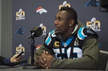 Carolina Panthers outside linebacker Thomas Davis (58) addresses the media in a San Jose, California press conference on February 4, 2016.