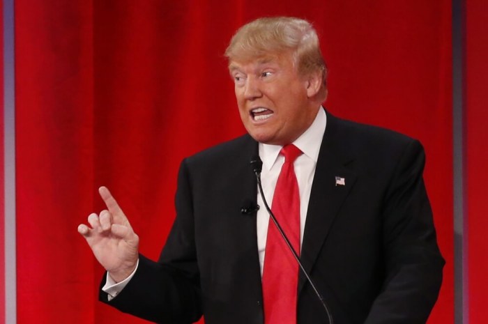 Republican U.S. presidential candidate businessman Donald Trump speaks at the Republican U.S. presidential candidates debate sponsored by CBS News and the Republican National Committee in Greenville, South Carolina February 13, 2016.