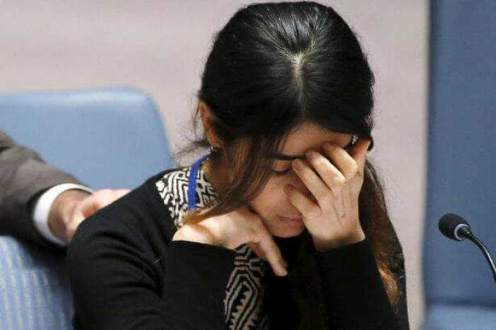 Nadia Murad Basee, a 21-year-old Iraqi woman of the Yazidi faith, speaks to members of the Security Council during a meeting at the United Nations headquarters in New York, December 16, 2015.