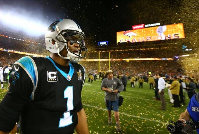 Feb 7, 2016; Santa Clara, CA, USA; Carolina Panthers quarterback Cam Newton (1) walks off the field after Super Bowl 50 against the Denver Broncos at Levi's Stadium.