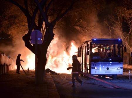 Firefighters prepare to extinguish fire after an explosion in Ankara, Turkey, February 17, 2016.