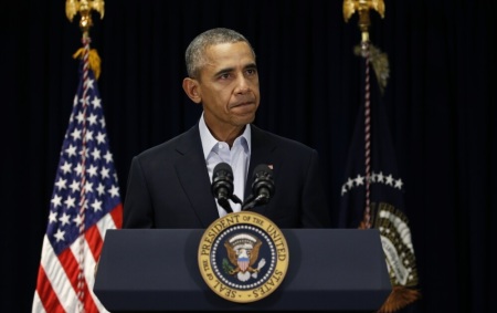 U.S. President Barack Obama speaks about the death of Supreme Court Associate Justice Antonin Scalia during a statement delivered in Rancho Mirage, California February 13, 2016.