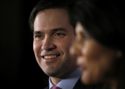 U.S. Republican presidential candidate Marco Rubio smiles as South Carolina Governor Nikki Haley speaks to reporters before a campaign event in Anderson, South Carolina February 18, 2016.