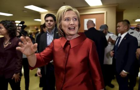 U.S. Democratic presidential candidate Hillary Clinton meets employees during a campaign stop on caucus day at Harrah's Las Vegas in Las Vegas, Nevada, February 20, 2016.