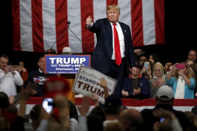 U.S. Republican presidential candidate Donald Trump holds a rally with supporters at the convention center in North Charleston, South Carolina, February 19, 2016.