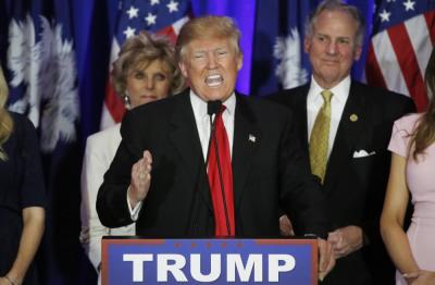 Republican U.S. presidential candidate Donald Trump speaks to supporters at his 2016 South Carolina presidential primary night victory rally in Spartanburg, South Carolina, February 20, 2016.