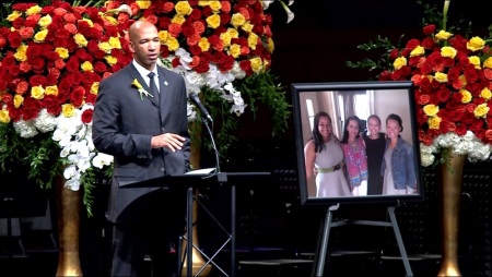 Monty Williams speaks at his wife's memorial service, February 2016.