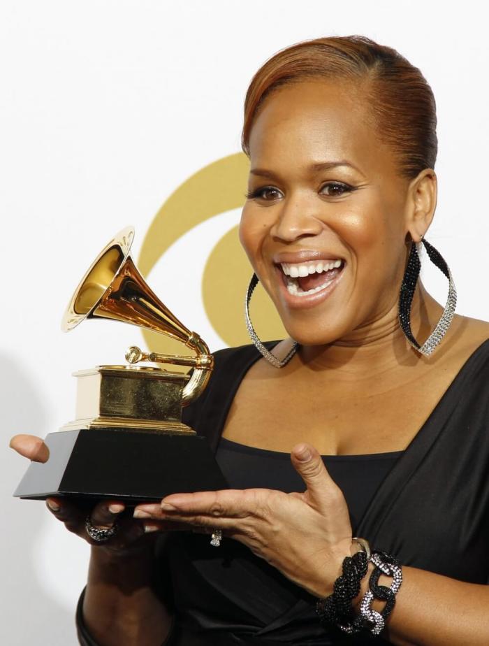 Tina Campbell poses with her award for best gospel song for 'God In Me' at the 52nd annual Grammy Awards in Los Angeles, January 31, 2010.