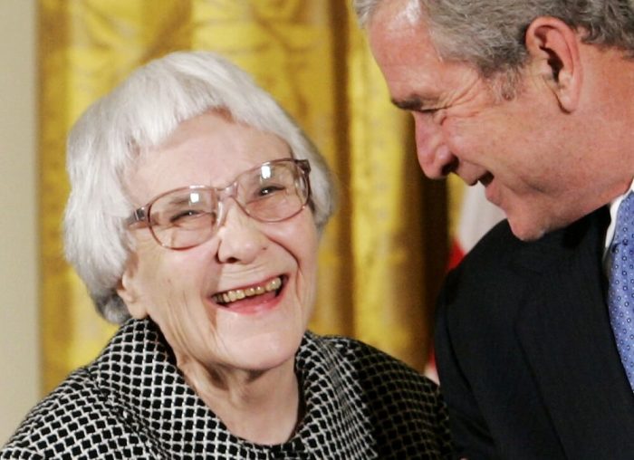 U.S. President George W. Bush (R) before awarding the Presidential Medal of Freedom to American novelist Harper Lee (L) in the East Room of the White House, in this November 5, 2007, file photo. Lee, who wrote one of America's most enduring literary classics, 'To Kill a Mockingbird,' about a child's view of right and wrong and waited 55 years to publish a second book with the same characters from a very different point of view, has died at the age of 89, local Alabama news site reported on February 19, 2016. REUTERS/Larry Downing/Files