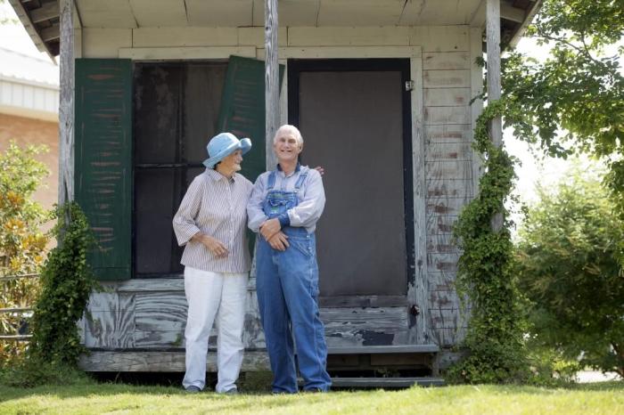 Burnell Whigham talks with Robert Champion who plays Boo Radley during performances in Monroeville's Amphitheater at the Old Monroe County Courthouse in Monroeville, Alabama July 14, 2015. The amphitheater is used for performances of 'To Kill a Mockingbird'. The southern hometown of author Harper Lee, is celebrating the release of ÒGo Set a WatchmanÓ LeeÕs first published novel in 55 years.