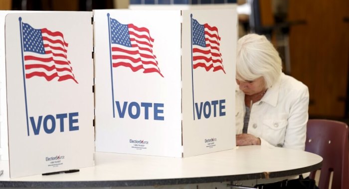 A voter fills out her ballot to vote in the Super Tuesday election at Sleepy Hollow Elementary School in Falls Church, Virginia March 1, 2016.