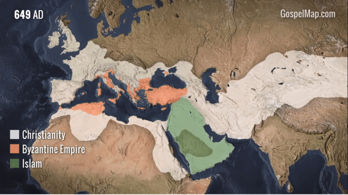 The Spread of the Gospel depicts the proliferation of Christianity, the world's largest religion, during the centuries since its inception.