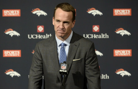 Denver Broncos quarterback Peyton Manning reacts during his retirement announcement press conference at the UCHealth Training Center, Englewood, Colorado, March 7, 2016.