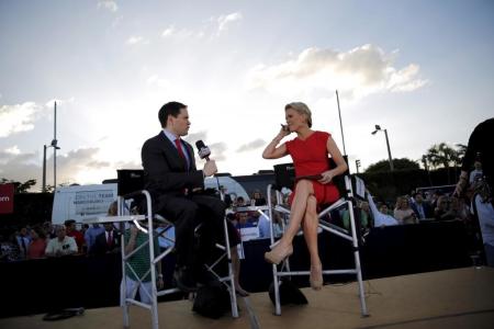 Republican U.S. presidential candidate Marco Rubio talks with Fox News Channel anchor Megyn Kelly during an interview at a campaign rally in Miami, Florida, March 9, 2016.