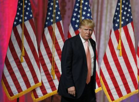 Republican U.S. presidential candidate Donald Trump arrives to give a victory speech after the Florida, Ohio, North Carolina, Illinois and Missouri primary elections during a news conference held at his Mar-A-Lago Club, in Palm Beach, Florida, March 15, 2016.