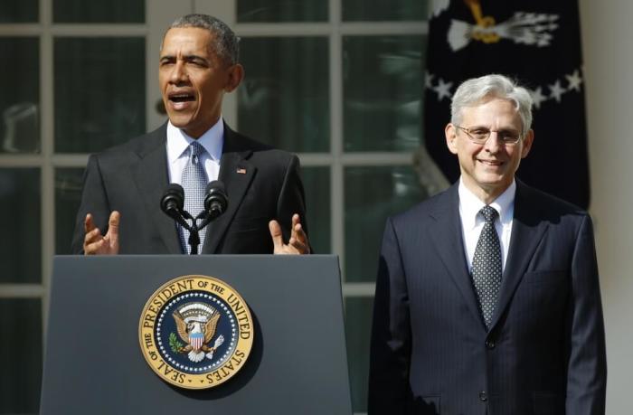 U.S. President Barack Obama (L) announces Judge Merrick Garland (R) as his nominee to the U.S. Supreme Court, in the White House Rose Garden in Washington, March 16, 2016.