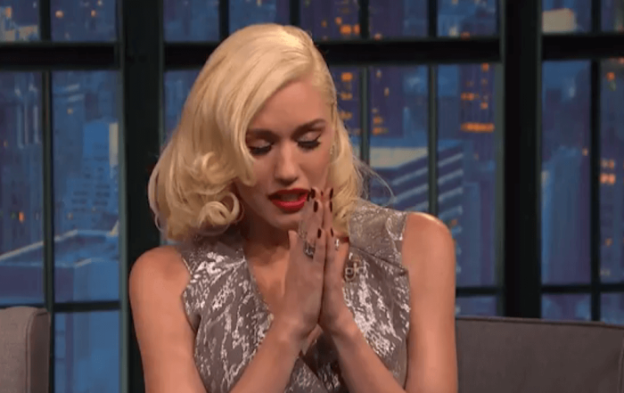 Gwen Stefani imitating her son's prayers on “Late Night with Seth Meyers,” September 3, 2014.