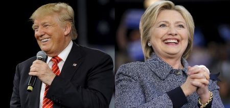 Split screen with U.S. Republican presidential candidate Donald Trump (left) in Tampa, Florida March 14, 2016, and Democratic U.S. Presidential candidate Hillary Clinton (right) in Charlotte, North Carolina, March 14, 2016.