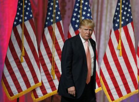 Republican U.S. presidential candidate Donald Trump arrives to give a victory speech after the Florida, Ohio, North Carolina, Illinois and Missouri primary elections during a news conference held at his Mar-A-Lago Club, in Palm Beach, Florida March 15, 2016.