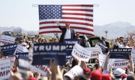 Donald Trump speaks at a campaign rally in Fountain Hills, Arizona.