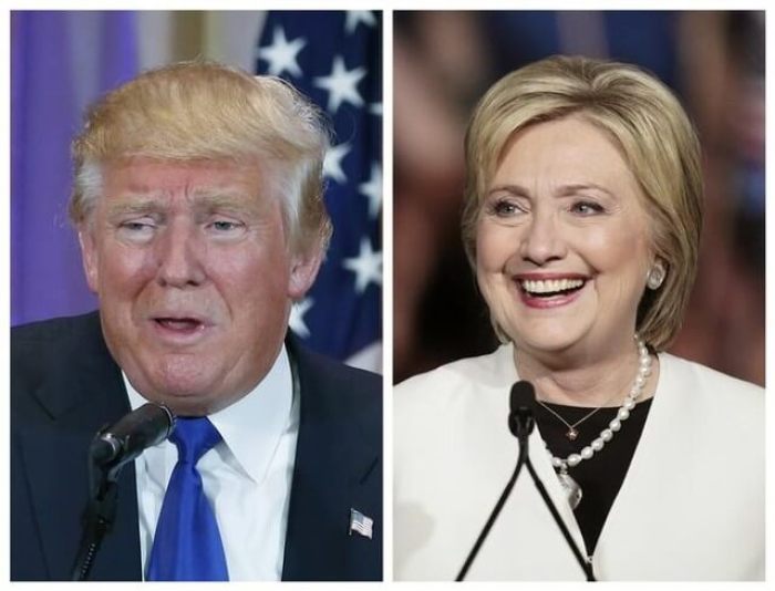 A combination photo shows Republican U.S. presidential candidate Donald Trump (L) in Palm Beach, Florida, and Democratic U.S. presidential candidate Hillary Clinton (R) in Miami, Florida, at their respective Super Tuesday primaries campaign events on March 1, 2016.