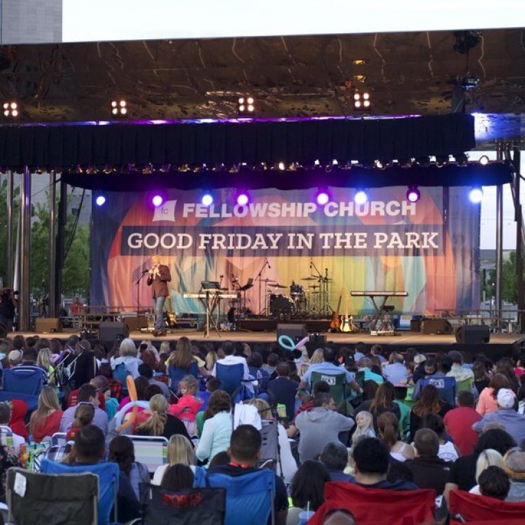 Pastor Ed Young Jr. of Fellowship Church hosts Good Friday services at Klyde Warren Park in Dallas, Texas, March 25, 2016.